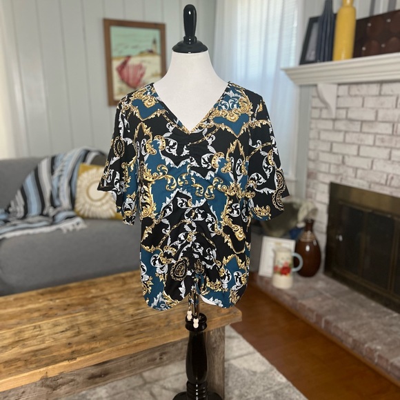 GODDESS Womens Size 2X Drawstring Center Pullup Multicolor Paisley Blouse - Picture 1 of 5